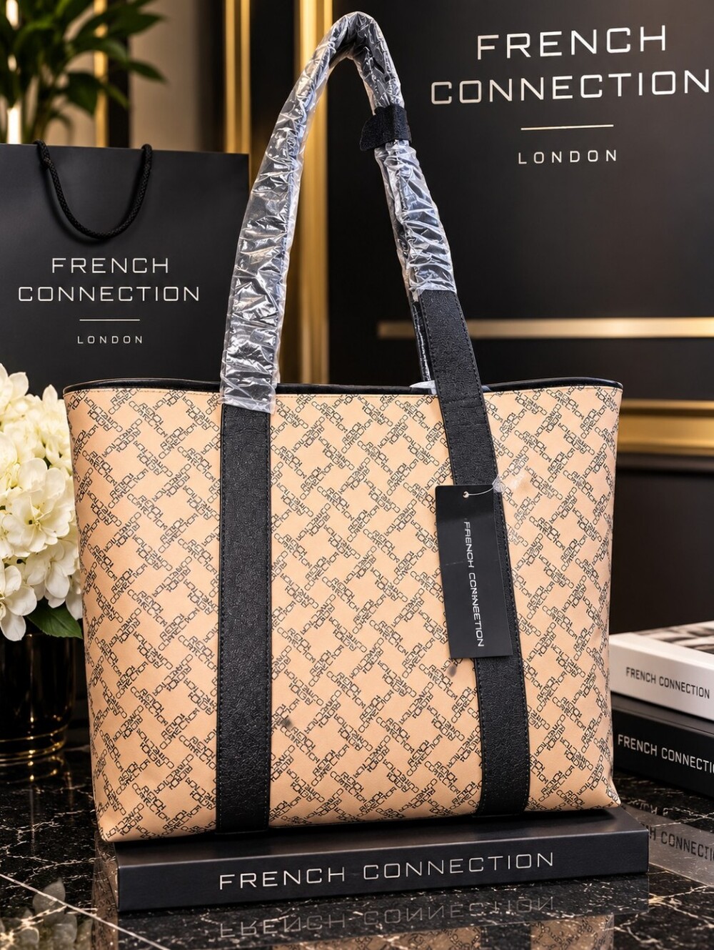 NWT French Connection Tan/Black Logo Tote with Black Straps